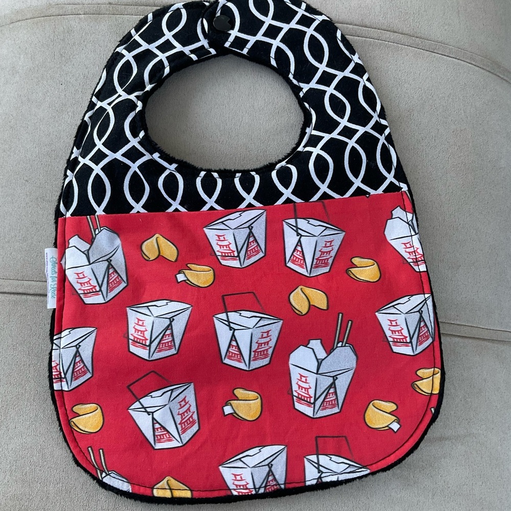 Chic Red and Black Baby Bib with Takeout Design